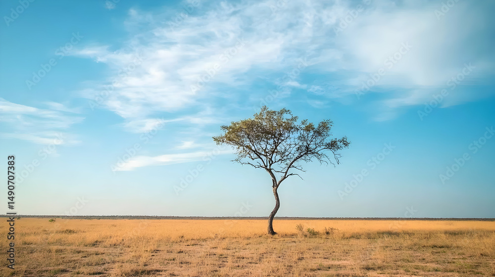 Fototapeta premium A solitary tree stands in a vast arid landscape beneath a blue sky.