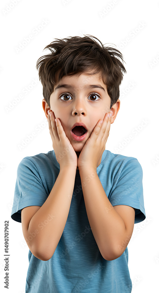 A young boy looks surprised and shocked, his hands are on his face in an amazed expression. A young boy looks surprised and shocked, his hands are on his face in an amazed expression.