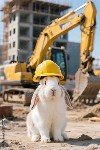 A cute bunny rabbit wearing a hard hat in front of a construction site