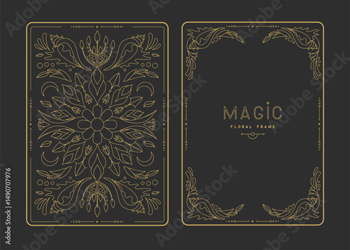 Modern magic witchcraft frames with floral elements and ornament. Decorative floral back and face card design. Vector illustration