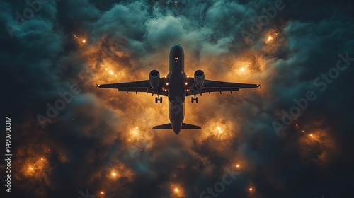 Dramatic airplane landing in stormy clouds