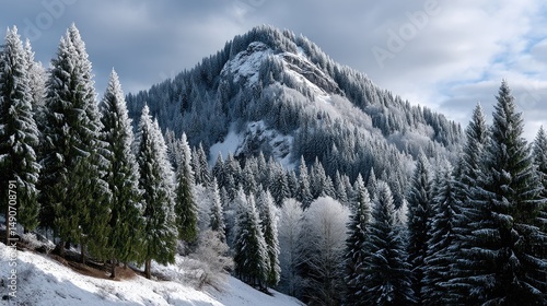 Winter mountain landscape with frosted trees