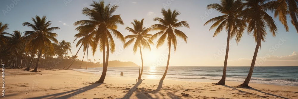 Obraz premium Sun-drenched beach, vintage film grain, palm trees sway, texture, bokeh, sun rays