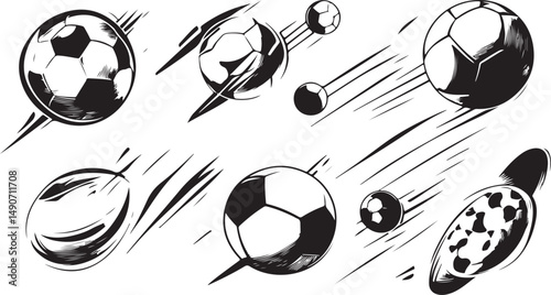 Collection of Dynamic Soccer Balls in Motion Black and White Illustration
