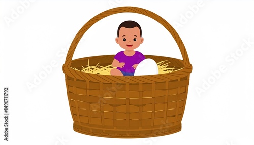 Baby in Easter basket with egg.