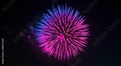 A vibrant, round firework explodes with purple and blue streaks against a dark night sky