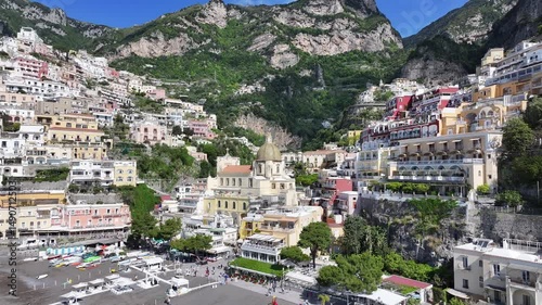 Wallpaper Mural Amalfi Coast At Positano Salerno Italy. Aerial View Of A Bustling City With High-Rise Buildings And Traffic. Shore Sky Clouds Beach Sea. Shore Travel. Positano Salerno. Torontodigital.ca