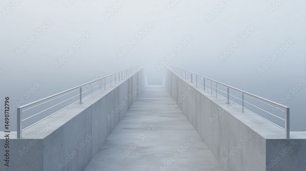 Naklejka premium Into the Mist: A long, concrete walkway disappears into a dense, ethereal fog, creating a sense of mystery and intrigue, inviting the viewer to ponder what lies beyond the veil. 