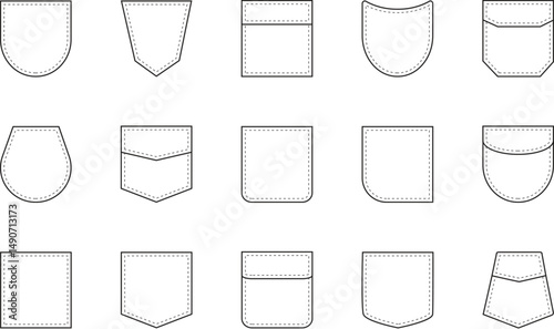 Pocket patch set. Uniform clothes pockets patches with seam, patched denim pocket line. Pockets for fashion design shirt, dress, denim, round, oval, monochrome color collection with linear stitches.