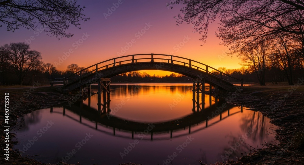 Fototapeta premium Serene sunset over a picturesque wooden arched bridge mirrored in still water, framed by leafless trees