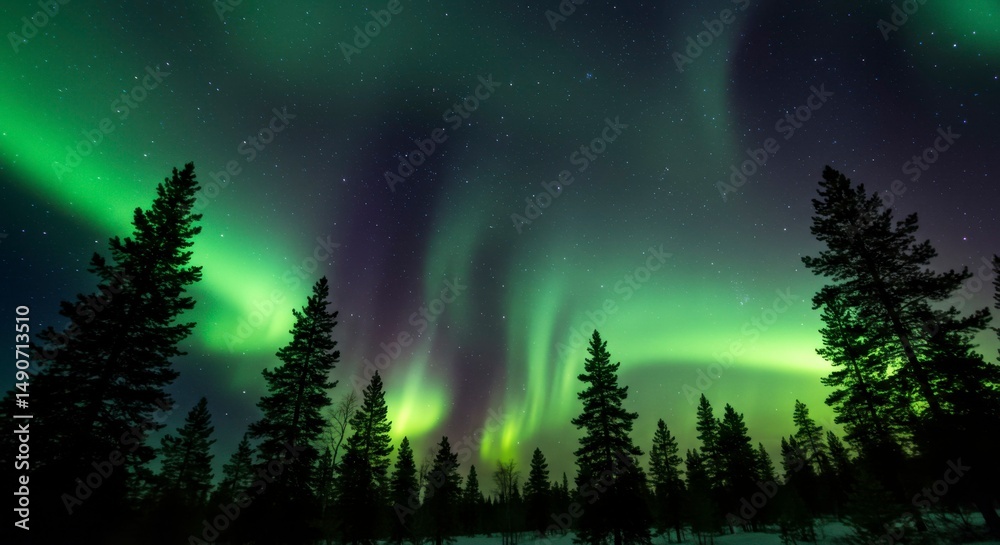 Fototapeta premium Vibrant green and purple aurora borealis illuminates the night sky above a snowy forest of dark evergreen trees