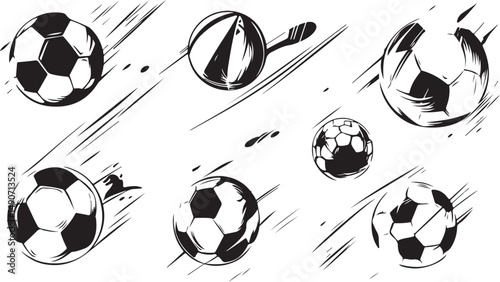 Collection of Dynamic Black and White Soccer Balls in Motion with Speed Lines