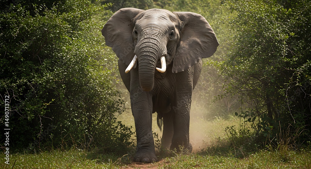 Fototapeta premium Elephant walking through lush foliage