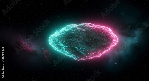 A glowing celestial body, a rock-like form, shimmers with cyan and magenta in a cosmic space background