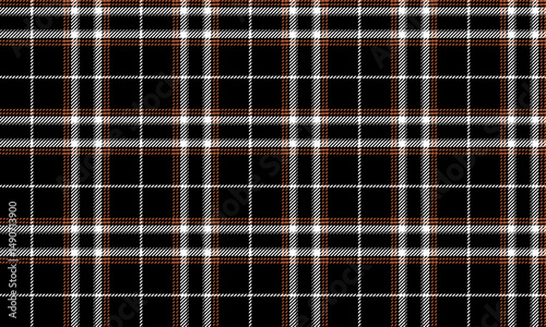 Seamless plaid, black, white, orange, combines classic with bold, creating an interesting style. Suitable for textiles, clothing, skirts or pants, adding charm to fashion designs.