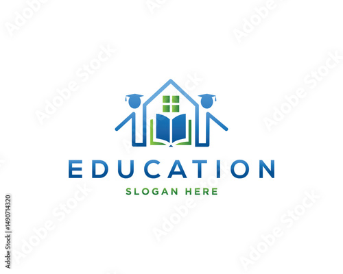 Modern education logo design featuring house,graduation caps,and open book vector template
