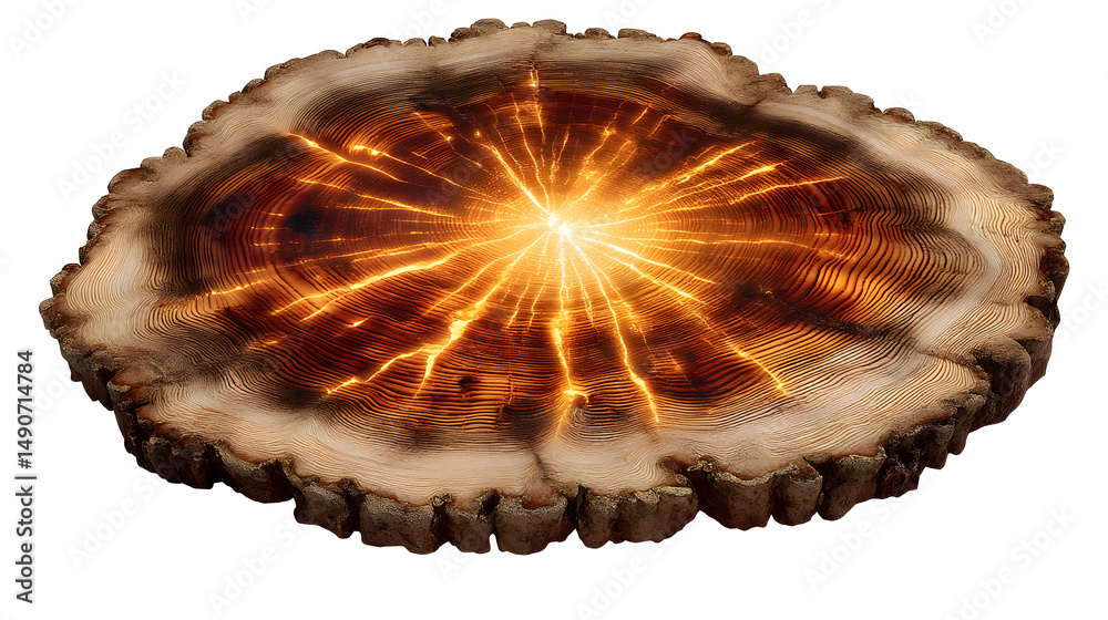 A glowing tree ring slice with sunlight bursting from its core, isolated on Transparent Background A glowing tree ring slice with sunlight bursting from its core, isolated on Transparent Background