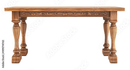 Wooden Table with Carved Detail on White Background