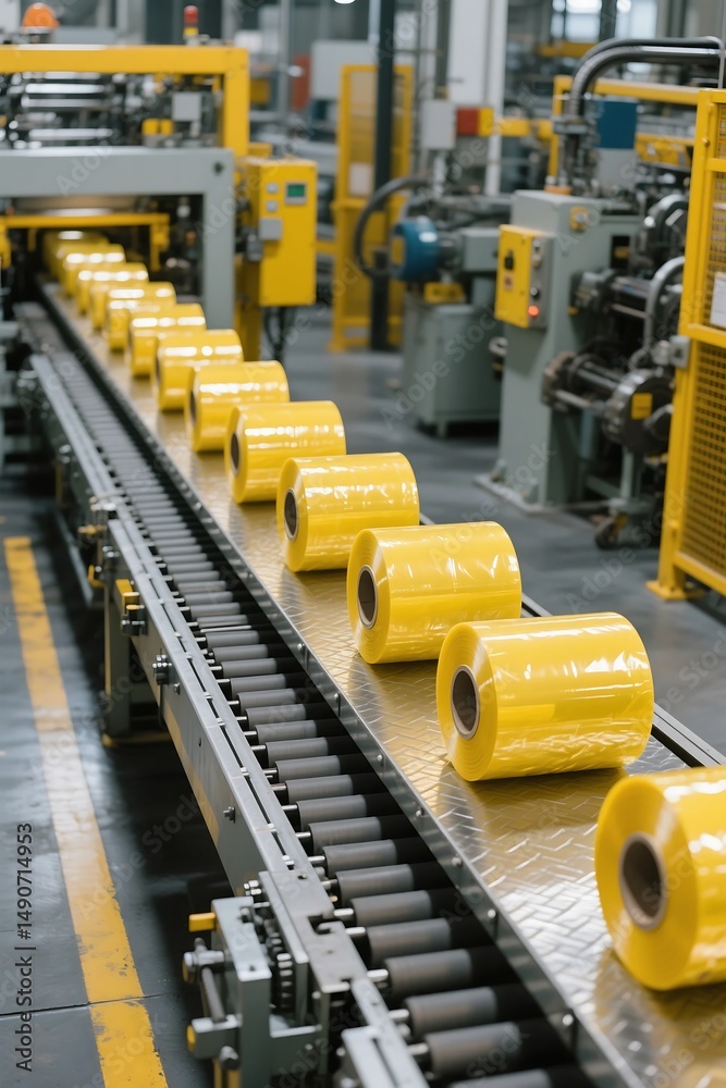Fototapeta premium Rolls of yellow plastic film on conveyor belt in industrial manufacturing factory