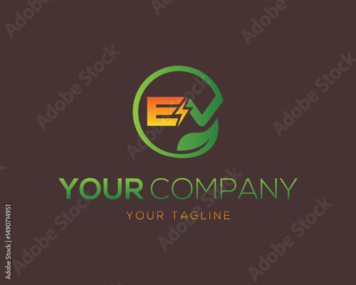 Eco energy vector logo template with leaf and lightning bolt symbol for sustainable companies
