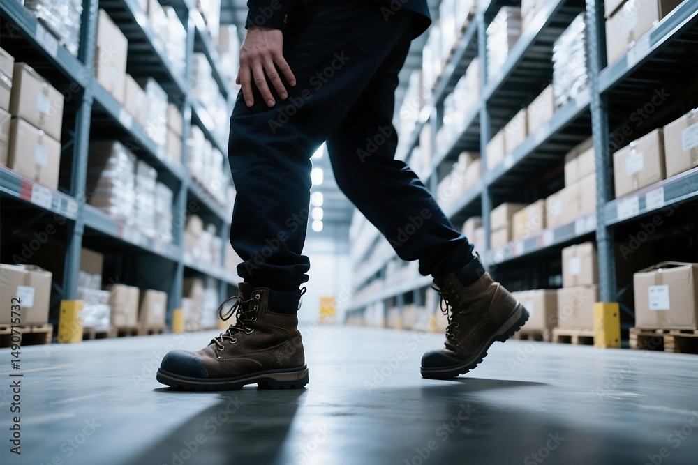 Obraz premium Worker wearing boots walking through warehouse aisle with boxes on shelves