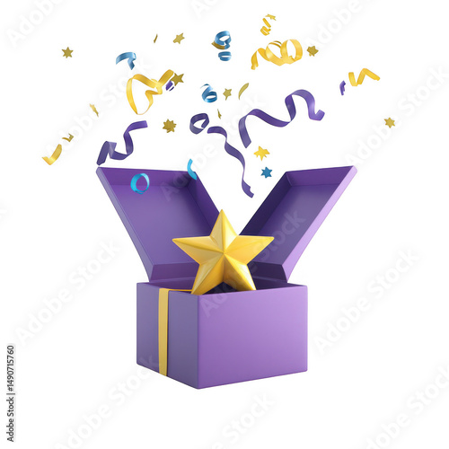Star in box with confetti explosion on transparent background