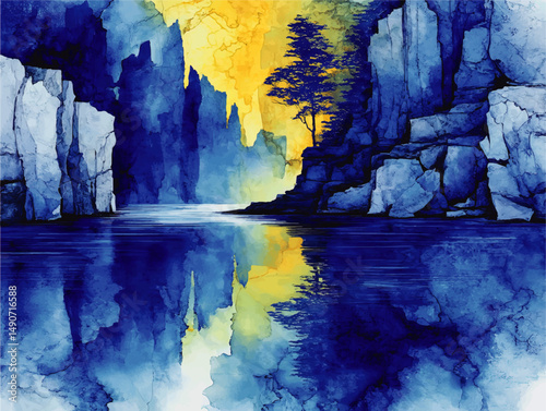 Stunning Abstract Watercolor Landscape Illustration Featuring Majestic Blue Cliffs Serene Reflections Vibrant Yellow Sky and Mystical Forest Scene Nature Artwork
