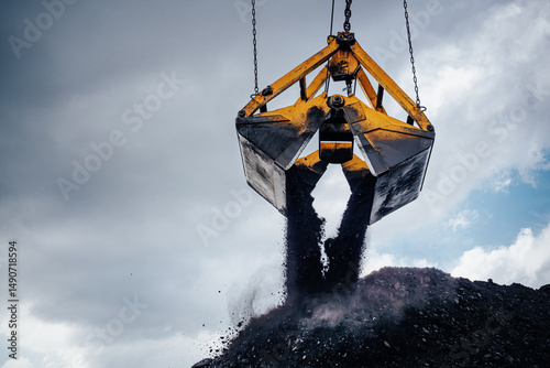 Coal bucket of excavator crane seen suspended in the air, poised to load or unload coal at an industrial site. Dark coal piles are visible beneath bucket, creating a stark contrast against cloudy sky