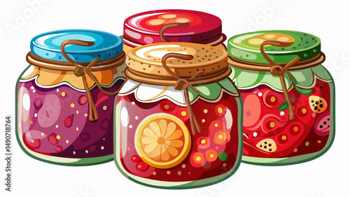Set of glass jars with jam isolated on white background.