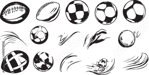 Collection of Hand Drawn Sports Balls in Motion with Dynamic Trails