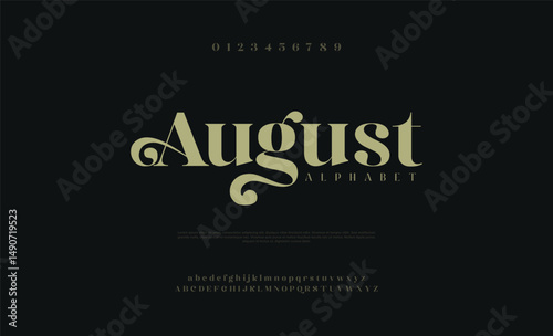 August, Elegant Font Uppercase Lowercase And Number. Classic Lettering Minimal Fashion Designs. Typography modern serif fonts regular decorative vintage concept. vector illustration