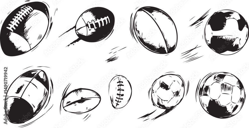 Obraz premium Hand Drawn Sketch of Various Balls in Motion American Football Rugby Soccer