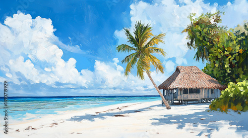 Beautiful tropical beach with a thatched hut and palm tree on white sand in the  islands, with a blue sky background.