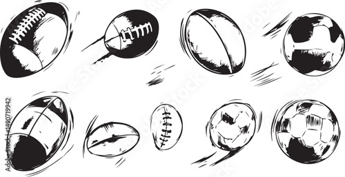 Hand Drawn Sketch of Various Balls in Motion American Football Rugby Soccer