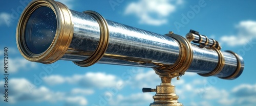 Antique Telescope Against a Cloudy Sky