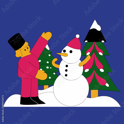 Cheerful Cartoon Soldier character waving to a Snowman amid festive Pine Trees on a blue winter background