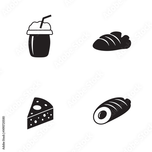 Black and white food icons depicting various items like a shake bread cheese and sushi roll for culinary themes