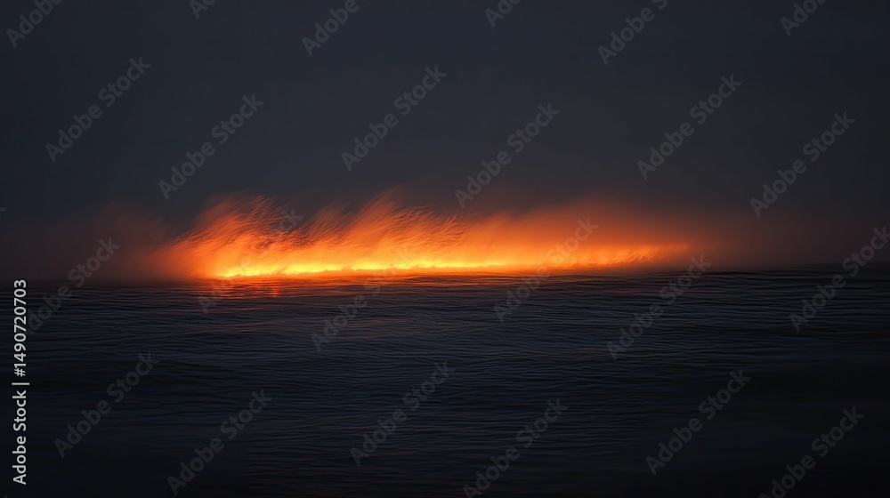 Fiery sunset over dark, wavy water.