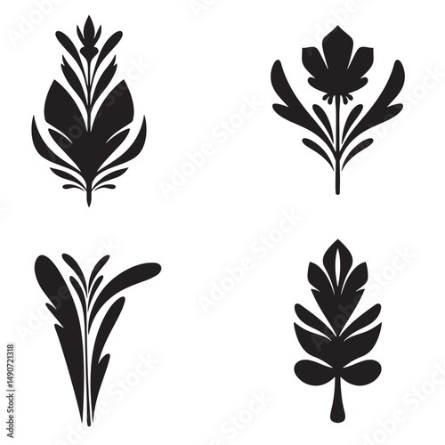 Collection of elegant black floral leaf design elements for decorative and ornamental artistic applications