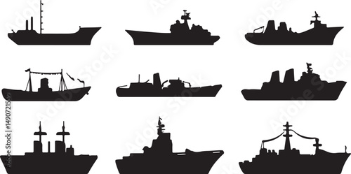Collection of Nine Black Silhouettes of Various Ships and Vessels