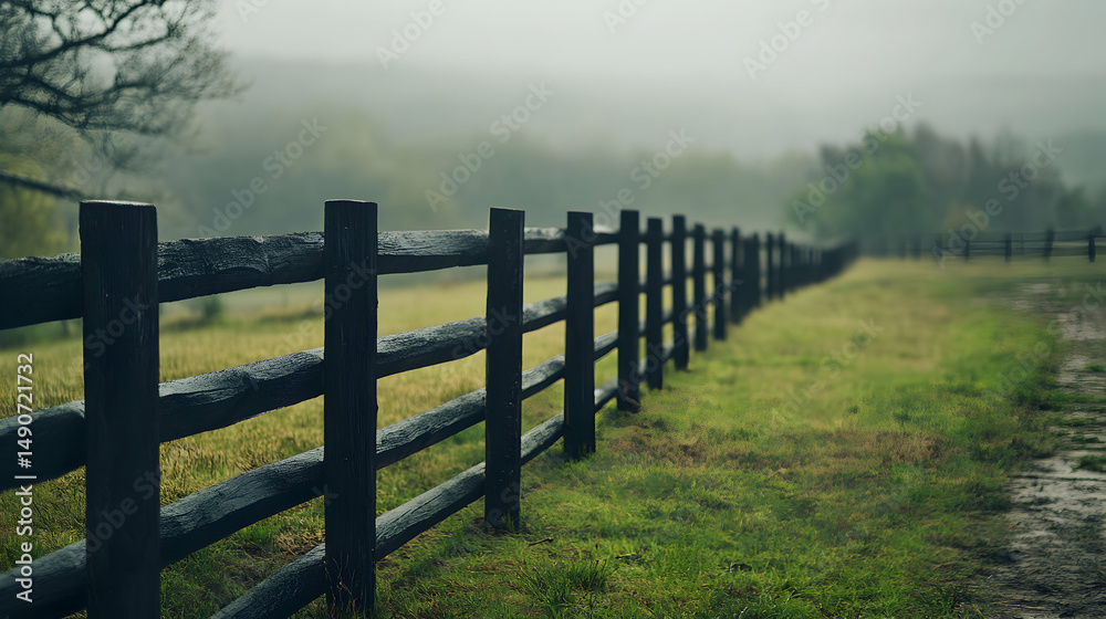 Fototapeta premium Wooden fence stretches along a grassy field with a misty forest in the background.