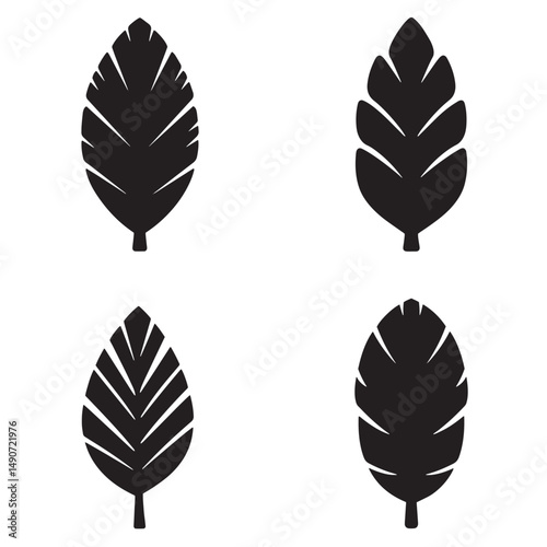 Four stylized black leaf shapes on white background showcasing natural elements and simplistic organic design concepts for versatile use.