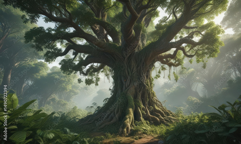 Fototapeta premium Massive tree engulfed by climbing vines, dense jungle foliage, wood, background