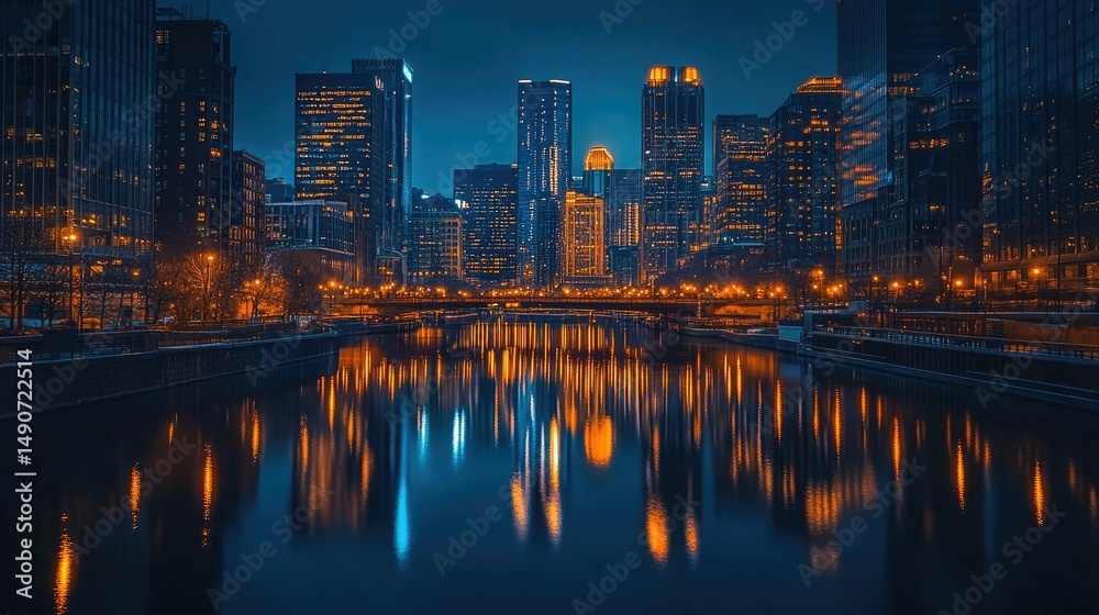 Obraz premium Cityscape at night, illuminated buildings reflected in water.