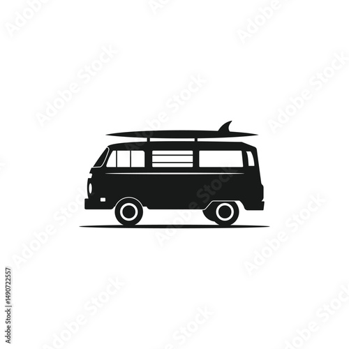 Vintage van with surfboard on a beach road, Ideal for travel and adventure themed images.