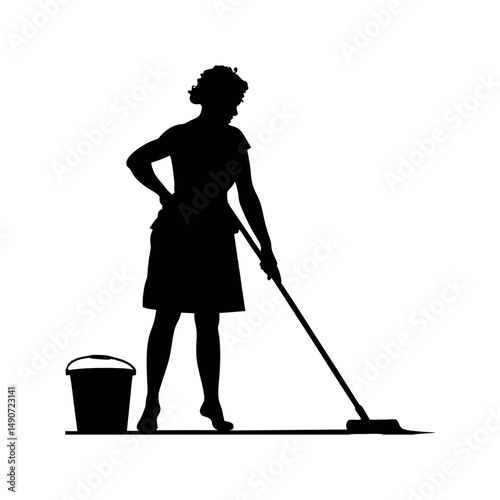 Silhouette of a girl with a vacuum cleaner sign. House cleaning sign
