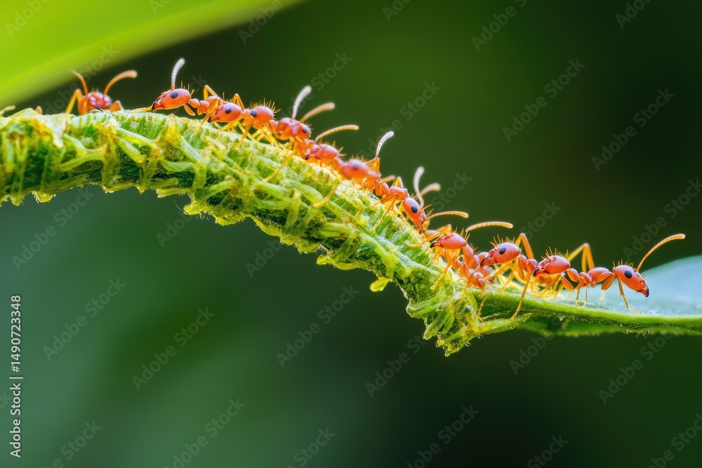 Naklejka premium Red ants marching on a leaf