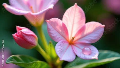 Close-up of pink plumeria flower with dewdrop on petal in sunlight. medicinal herbs and traditional medicine