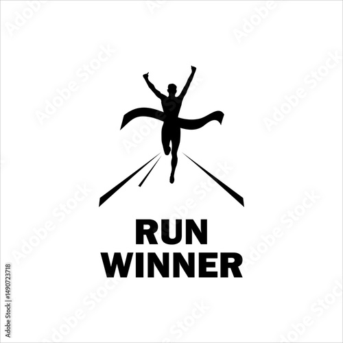 Marathon Runner Logo. Flat Vector Badge of Athlete Crossing Finish Line. Modern Sport Icon for Championship Event, Sprint Training, Club Branding, Victory, Health, and Athletic Achievement Template