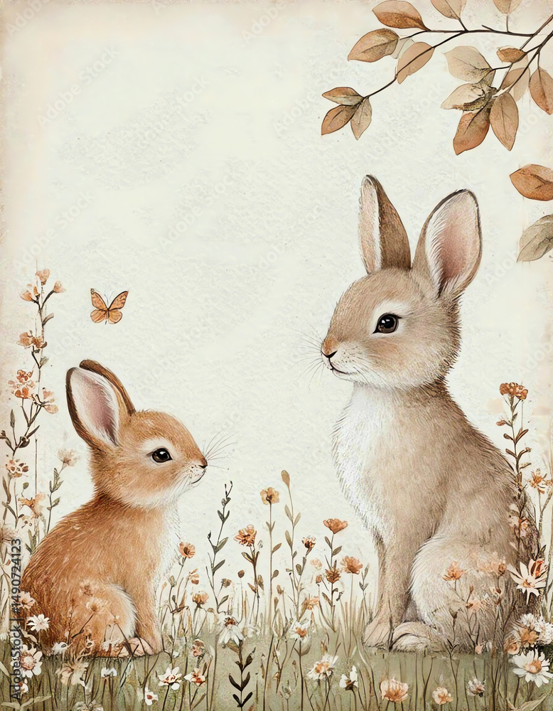 Fototapeta premium Cute bunny mother and baby in floral field pastel illustration 
